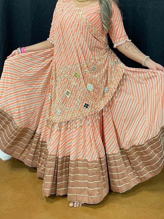 Heer boutique Dresses & Skirts - Embroidered Peach Striped Maxi Dress with Mirror Detail